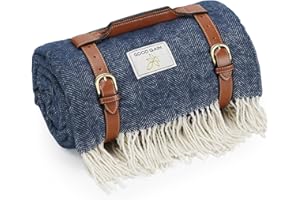 G GOOD GAIN Good Gain Manta de Picnic de Lana Premium con Respaldo Impermeable y Mango de PU, alfombras de Camping Extra Grandes de 80 x 60 Negras para Viajes al Aire Libre Senderismo Familiar. Azul Marino