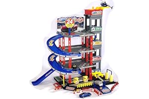 TIKTAKTOO Garaje de aparcamiento para niños, garaje, garaje, incluye 4 coches de juguete y helicóptero juego con gasolinera, ascensor, túnel de lavado y taller