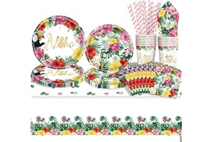 GOLDNICE Tropical Luau Party Supplies Hawaiian Flamingo Party Tablewares Set, Hawaiian Paper Plates Napkins Cups and Tablecloth for Hawaiian Beach Birthday Party Dinnerware Decorations-16 Guest