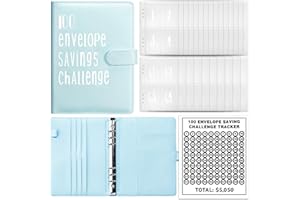 MATHARAGO 100 Day Money Savings Challenge Binder, Blue, A5, 6 Ring, 25 Envelopes, $5050 Goal