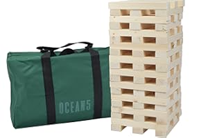 Tour vacillante géante de la Marque Ocean 5 en Bois Naturel Massif, Jeu de Tour de Pile en Format XXL 60 pièces (21x4x2,5cm), jusqu'à 1.5m de Haut avec Le Jeu d'adresse de Pile