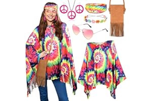 iZoeL Deguisement Annees 80s 70s Deguisement Hippie Femme Homme - Perruque T Shirt Lunettes Collier de Paix Accessoires, Costume Halloween/Disco/Hippie/Carnaval/Anniversaire/Fête
