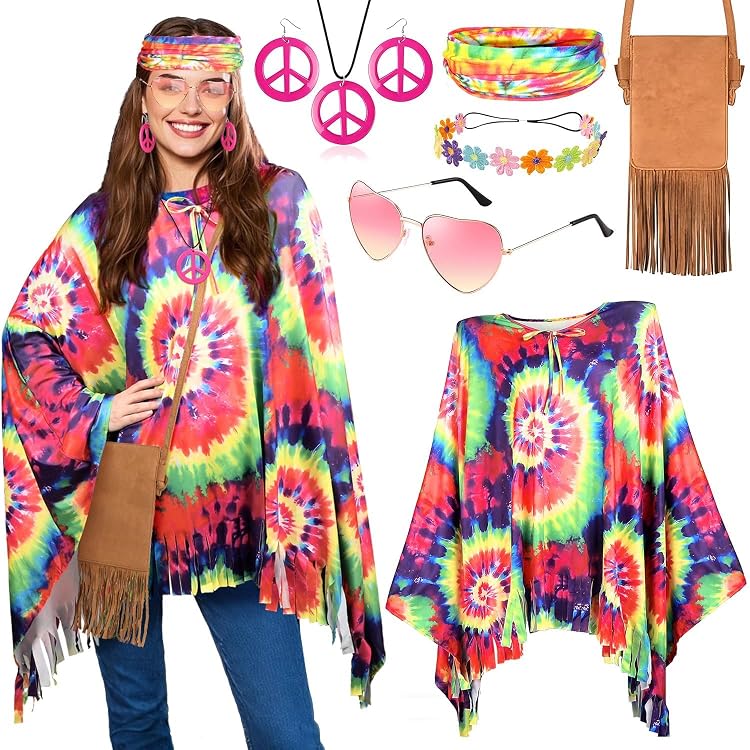 Costume Hippie Années 70 - 4 Pièces : T-shirt Tie-dye, Collier, Lunettes Rondes, Bandeau - Pour Soirée Déguisée, Carnaval, Thème Rétro