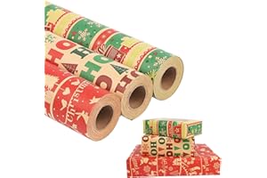 HBell Christmas Wrapping Paper Roll,3 Rolls 43cm*10m Christmas Wrapping Paper,Xmas Kraft Wrapping Paper for Xmas Party Gifts,New Year Festival Birthday Party Decorations (Red&Green)