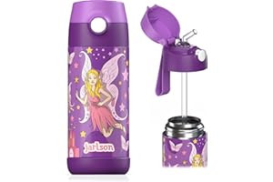 Jarlson - Gourde Enfant INOX - bouteille isotherme enfant 350 ml - Gourdes sans BPA - avec de la paille - pour l'école, les sports et la maternelle (Fée 2, 350 ml)