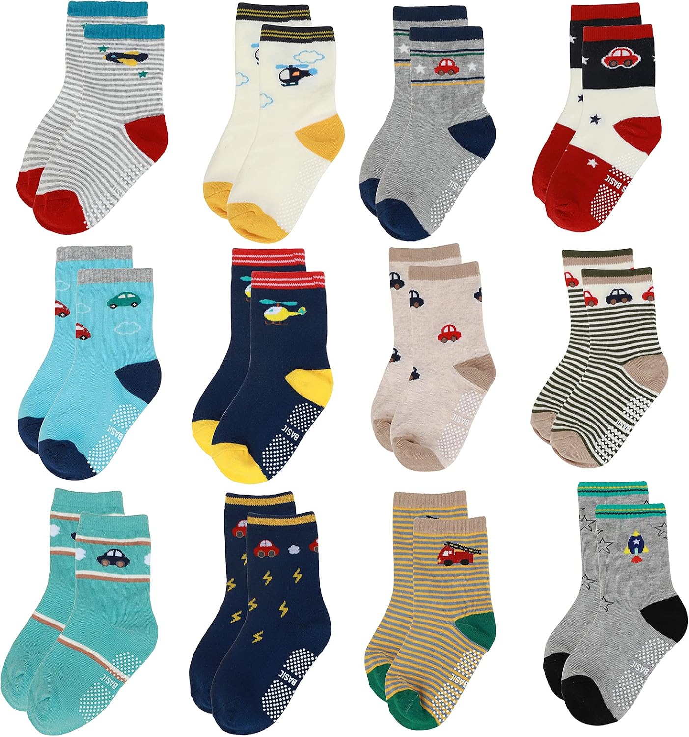 Yafane 12 Pares de Calcetines Antideslizantes para Niños Niñas Recien Nacido Unisex Pequeños Algodón Lindo con Puños Calcetines Antideslizantes para Bebés