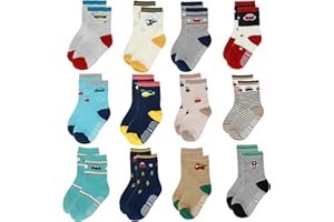 Yafane 12 Pares de Calcetines Antideslizantes para Niños Niñas Recien Nacido Unisex Pequeños Algodón Lindo con Puños Calcetines Antideslizantes para Bebés
