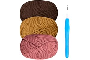 RENYIZ Chunky Cotton Wool Yarn for Crochet - 3x50g Starter Kit with 4mm Hook, Easy Amigurumi Yarn in Red, Brown, Black