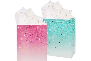 JINCHIDA 2Pcs Gift Bag 2 Colors Paper Party BagEquipped with 2 Pcs of ExquisiteTissue,Size：23 * 18 * 10cm Party Favor Bag with handles for Birthday Kids Wedding Baby Shower Christams