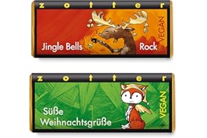 Zotter „Vegane Grüße“ Schoko Riegel Bundle – Handgeschöpfte Bio & Fairtrade Weihnachtsschokolade – Vegane dunkle Schokolade mit Haselnuss & Jingle Bells – Nachhaltig einzeln verpackt