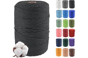 KLHAMKY 4mmx300m Cuerda de Algodón Natural para Macramé - Cuerda de Algodón para Macramé, 4 Hebras Torcidas de Algodón 100% Natural para Colgantes de Pared Hechos a Mano, Bricolaje, Manualidades,Negro