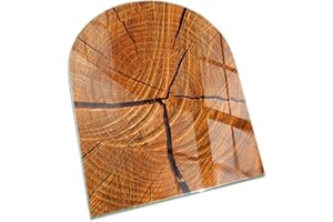 WALLFLUENT Kamin Bodenplatte Glas 80x70 cm Bodenbelag Schutz vor Schäden Spritzwasserschutz Schutz vor Glut Wohnzimmer Sicherungsblech Rundbogen Herdboden Polierte Kanten - Holzmaserung im Querschnitt