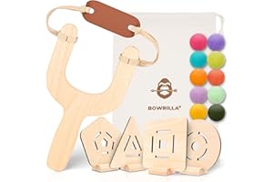 BOWRILLA® Fionda per bambini con 10 palline morbide e 4 bersagli in legno, ideale per giochi interni ed esterni, set completo per bambini per mancini e destrorsi