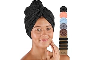 ‎PAMUQ pamuq Haarturban Baumwolle 100% - schwarz, 2er Set - Turban-Handtuch mit 2 Knöpfen - schnelltrocknend