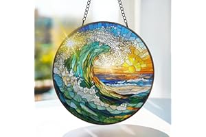 Bimkole Sun Waves Stained Glass Suncatcher Window Hanging - Landscape Indoor Window or Doorway Decoration - Handmade Sun Catcher Decor for Garden Home Christmas & Birthday Gifts 20x20 cm