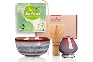 ‎GOODWEI Goodwei BIO Matcha z Japonii w zestawie do matchy, w komplecie z wysokiej jakości ceramiczną miotłą matchą, miotłą matchą i uchwytem na miotłę, zestaw upominkowy na ceremonię parzenia herbaty (Uji)