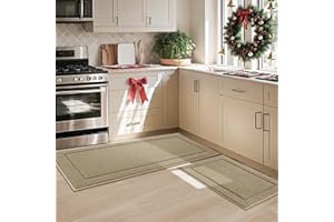JSEI Non-Slip Kitchen Mats, Self Adhesive No Sliding Kitchen Rugs Set of 2, Soft Washable Absorbent Floor Rugs for Area Rug, Kitchen, Entrance, Bathroom, Bedroom, 51x81cm+51x122cm, Beige