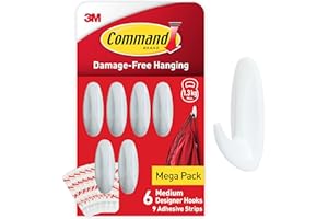Command Medium Designer Hooks, White - Pack of 6 Hooks and 9 Adhesive Strips - Damage Free Hanging - Holds up to 1.3kg