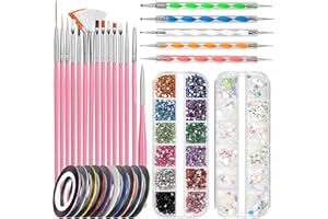 FANDAMEI Nail Starter Kit with Nail Gems - 15pcs Nail Pen Designer + 5pcs Dotting Tool + 10pcs Nail Striping Tape + 1 Box Nail Crystals + 1 Box Holographic Nail Sequins, Nail Art Brushes Set, Pink