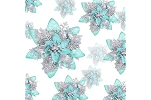 GEOSAR 36 Pcs Christmas Glitter Artificial Poinsettia Flowers Xmas Poinsettia Artificial Wedding Flowers Decorations Xmas Tree Ornaments with Clips for Party Favors, 6 Inch, 4 Inch, 3 Inch (Silver and Green)