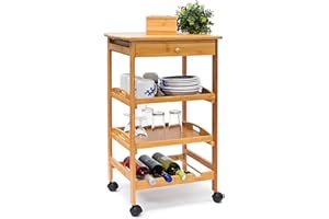 ‎RELAXDAYS Relaxdays 10019166 Küchenrollwagen James L HxBxT: 80,5x50x37 cm Bambus Sevierwagen mit Schublade und 2 Tabletts als rollbarer Küchenwagen mit Flaschenregal bzw. Weinregal aus Holz mit Ablage für Teller, natur
