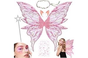 Hlayshing Fairy Wings,Butterfly Wings for Adult Women Kids Girls,5 PCS Angel Costume Accessories,Elf Ears Flower Girl Wand,Angel Princess Fancy Dress Up Costumes for Halloween Birthday Chrismas