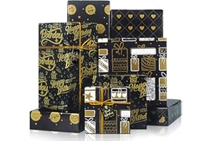 Larcenciel Birthday Wrapping Paper,Recycled Gift Wrapping Paper Black Gold Design w/Jute Twine and Gift tag, Gift Wraps for Birthday, Valentines, Christmas, Graduation, Baby Shower,27.5x19.6inch
