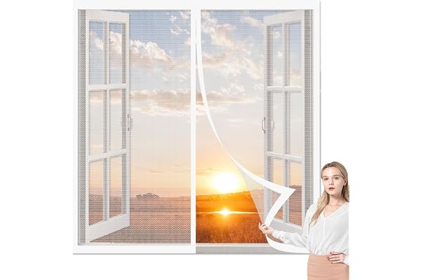 Moustiquaire pour Fenêtres 124 x 136 cm Rideau Moustiquaire Fenetre Aimantée Puissants Aimants pour Fenêtre Empêche de Passer Les Moustiques, Blanc