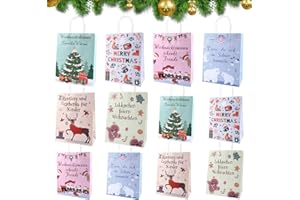 Joxessaien Torebki na prezenty bożonarodzeniowe z uchwytem – 12 sztuk kolorowych torebek na prezenty bożonarodzeniowe z papieru, torby do noszenia ze słodkimi motywami dla dzieci, na imprezę