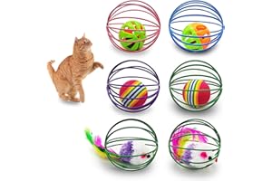 Andiker 6 szt. wiosna zabawka dla kota, 5,5 cm, kolorowe piłki z myszami i dzwonkiem, piłką tęczową i metalową klatką, wiosna dla kota, zabawka do ćwiczenia kopania kota (kolor losowy 1)