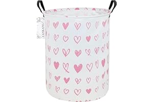 FANKANG Laundry Hamper Storage Bins Nursery Hamper Canvas Foldable with Waterproof PE Coating Large Storage Baskets for Kids Toys Room, Nursery, Home,Gift Basket(Round Pink Heart)