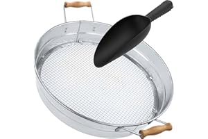 IDSWorld Galvanized Garden Sieve Compost Dirt Soil Shifter Round Riddle Screen Pan Strong Mesh Wooden Handles with Plastic Gardening Scoop