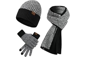 GEEKEO Invierno Gorro y Guantes Bufanda Hombre, Conjunto Bufanda y Gorro y Guantes Hombre Invierno, Forro Polar Beanie Gorro, Bufanda Largo de Punto y Guantes Táctiles, Idea Regalos para Hombre