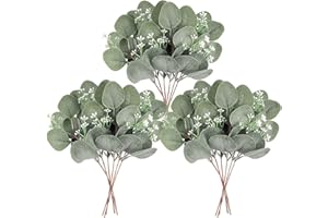 Unisun Eucalyptus artificial sembrado, 18 piezas de plantas verdes de imitación, seda, dólar, hojas de eucalipto, ramas para ramos de boda, manualidades, centros de mesa, jarrón, decoración