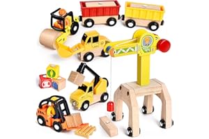 BuzzoXerex Veicolo da Cantiere in Legno, 19 Pezzi Engins de Chantier Jouet Cantiere Giocattolo per Bambini con Escavatori, Gru, Rulliere, Carrelli Elevatori pour 3 4 5 6 Ans Garçon