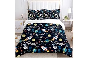 KXHHYB Set di biancheria da letto 220 x 240 cm, universo pianeta, razzo, colore bianco e blu, con motivo a stelle e pianeta, federa 50 x 75 cm