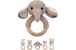 wunderwunsch® - Personalisierter Beißring Baby - Niedlicher Greifling für Baby's ab 0 Monate - Babyrassel mit Name als Baby Geschenk für Mädchen und Jungen (Elefant,ohne Gravur)
