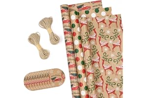 RUSPEPA Rotoli Di Carta Da Regalo Natalizi Con Etichette, Corde Di Iuta - 43 cm X 3 Metri Per Rotolo, Totale Di 3 Rotoli