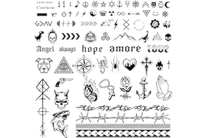 COLOFALLA 3 Blätter 90+ Temporäre Tattoos - 2 Wochen Schriftzug zum Aufkleben, Fake Klebetattoos, Kleine Mustern, Coole Motive für Halloween, Männer, Frauen (A)