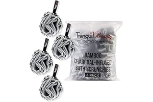 TranquilBeauty 4-Piece Charcoal Loofah Set - Gently Exfoliating Bath Sponges for Adults - Hang to Dry Design - Spa-Like Experience