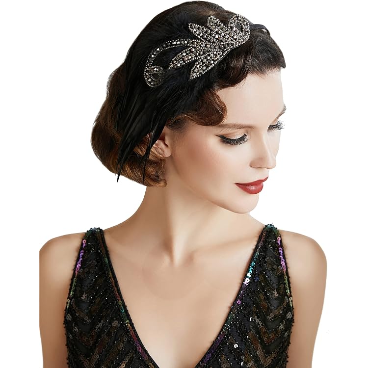Bandeau à Plumes Noires Strass Années 1920 - Accessoire Cheveux Pour Fête Gatsby, Halloween, Bal