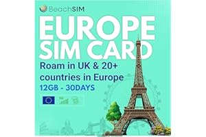 BeachSIM Tarjeta SIM Europa 30 días. 12GB de Datos con Velocidad 4G/5G. Funciona en el UK, Suiza y 27 países de la UE. Activación rápida. Compatible con Dispositivos iOS y Android.
