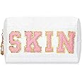 SEAMOON Preppy Patch Makeup Bag,Corduroy Chenille Pink Letter Cosmetic Bag,Small Makeup Bags,Girls Make Up Bag,Cute Cosmetic Bag,Skin Care Products Preppy,Travel Pouch for Women,Teen Gifts for Girls, WHITE SKIN