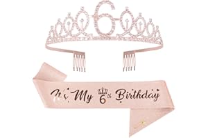 Mikccer Rose Gold 6th Birthday Sash and 6 Birthday Tiara, Rhinestone Crown Headband for 6th Birthday Gifts, 6th Birthday Decoration Party Accessories for Girls
