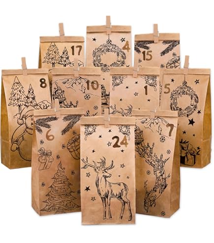 Papierdrachen 24 Boîtes Le Calendrier De L'Avent Pillowbox - Avec Washi Tape Et Autocollants Argentés Pour Les Chiffres - 24 Boîtes En Carton En Forme D'oreiller- à Remplir Et à Concevoir