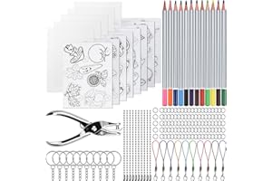 NC Wandefol 156 Pièces Plastique Fou, Kit de Feuille de Plastique Rétractable Plastique Magique Comprend 5 Plastic Fou Blank, 8 Papier Fou avec Motif, Perforateur Porte-Clés Crayons mixed color