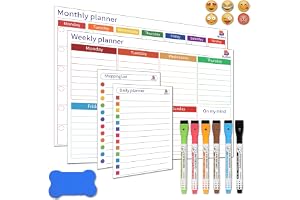 Magnetic Dry Erase Calendar Set for Fridge – Monthly, Weekly, Daily Planner & Shopping List – Includes 6 Fine Tip Markers, 6 Magnetic Buckles & Eraser – Meal Planner & Organizer for Home & Office