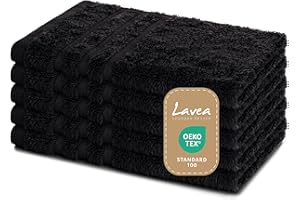 Lavea Lot de 5 Serviettes d'invité 30 x 50 cm – Serviettes d'invité Douces et absorbantes en 100% Coton, série éponge Elena – Lavables et résistantes - Noir
