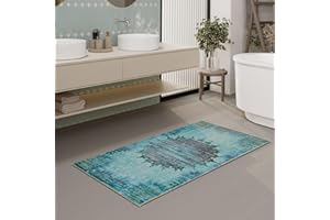 ‎WECON HOME Waschbarer und Rutschfester Vintage Badezimmerteppich von WECONhome mit orientalischem Muster - Eleganz und Komfort für jedes Bad - Healing (60 x 100 cm, blau)