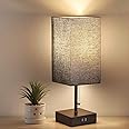 TAME Beside Table Lamp for Bedroom Nightstand, 3 Way Dimmable Touch Lamp USB C Charging Ports, Black Fabric Linen Lampshade, Pull Chain Nightstand Table Lamp with 2700K LED Bulb for Living Room Office